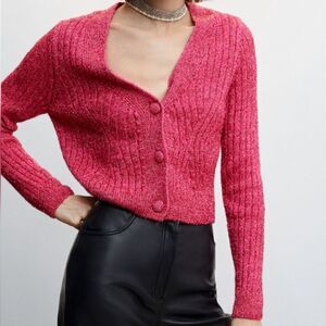 Mango Pink Fuchsia Metallic Cable Knit Long Sleeve Festive Chic Cropped Sweater